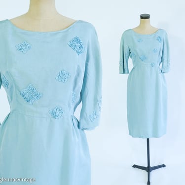 1950s Blue Silk Cocktail Dress | 50s Turquoise Blue Silk Party Dress | Medium 