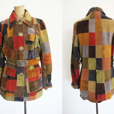 Vintage 60s Leather Patchwork Jacket S - 1960s Colorful Patch Suede Womens Jacket Matching Belt - Bohemian Style Latigo West 