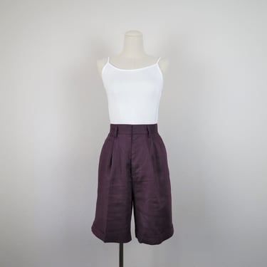 Vintage 1990s linen shorts, bermuda, walking, high waist, aubergine, eggplant, size medium, 29