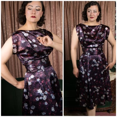 1950s Dress - Lustrous Gorgeous Custom Sewn Authentic 50s Satin Floral Day Dress with Wide Waist 