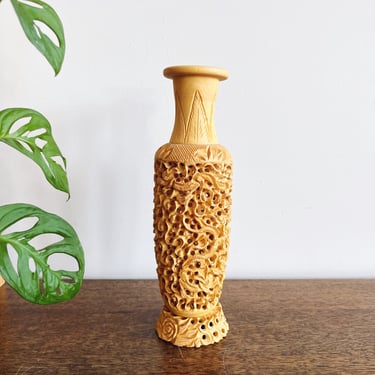 Vintage Chinese Carved Wooden Dragon Vase 