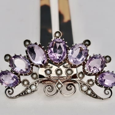 Antique Art Nouveau Edwardian Lavender Amethyst Pearl Hair Comb 