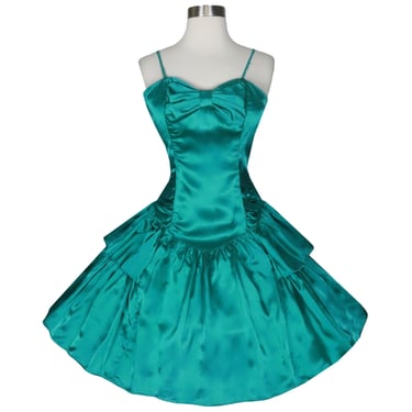 Vintage 80s Teal Satin BOWS Prom Cocktail Party Dress M Medium Full Skirt Spaghetti Straps Sleeveless Blue Green Womens Costume Formal Dance 