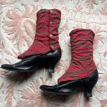 Antique Victorian Black Leather High Boots Shoes Lace Up & Red Plaid Shoe Covers
