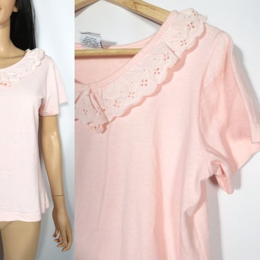 Vintage 90s Pastel Pink Frilly Eyelet Lace Collar All Cotton Tshirt Made In USA Size M 