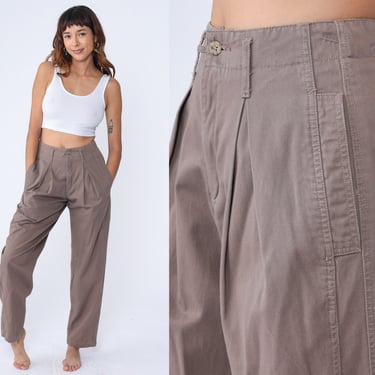 Brown Pleated Trousers 90s Cotton Slacks High Waisted Pants Retro Tapered Leg Slacks Casual Vintage 1990s Liz Claiborne Small 28 