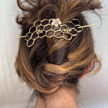 One of a Kind Extra Big Honeycomb Hairpin Hairslide with Bees and flowers in brass Bridal Hair Ren Fair Hair 