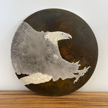 Free Shipping Within Continental US - Vintage Signed Raku Ceramic Wall Art by Tom and Nancy Giusti With Eagle Motif. 