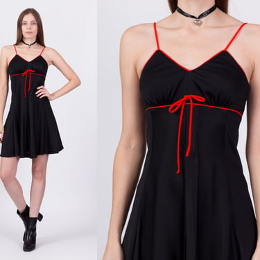70s Black & Red Mini Skater Dress - Extra Small | Vintage Two Tone Spaghetti Strap A Line Empire Waist Dress 