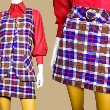 Mod plaid suit set vintage 1960s mini skirt & vest mock wool 2 piece go go purple brown red. (27 waist, 37 bust) 