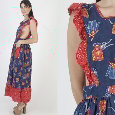 Patchwork Pinafore Dress, Vintage Wrap Apron, Large Patch Pockets, Americana Calico Sundress 