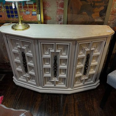 Baroque style console with faux marble top. 47” x 14” x 30” 