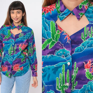 Southwestern Cactus Blouse 90s Keyhole Top Button Up Shirt Western Print Cowgirl Rodeo Cutout Long Sleeve Blue Purple Vintage 1990s Medium 8 