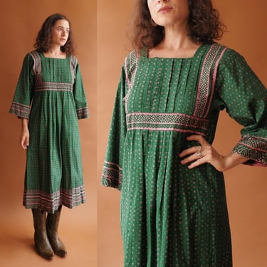 Vintage 70s Marimekko Kaftan Dress/1970s Green and Pink Cotton Dress/ Size Small 