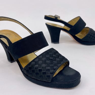 Vintage 60s-70s Black Strappy Woven Open Toe Sandal Heels by Bottega Veneta Italy Size 6 