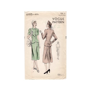Vintage 1940s Vogue Sewing Pattern 6105, 1947 Misses Peplum Jacket and Skirt Suit, Size 18 36