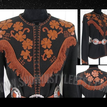 Vintage Retro Women's Cowgirl Western Jacket Sweater by Roughrider, Black with Faux Leather Flowers & Fringe, Approx Large (see meas. photo) 