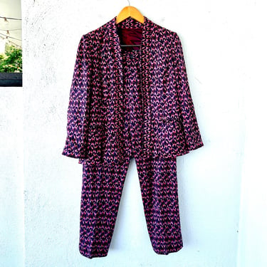 Vintage 70s Graphic Cat Dog Knit Suit 1970s Bright Dress Pants Jacket Blazer Set 