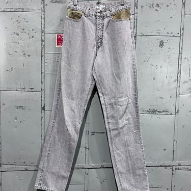 80s, 28x33 high waisted tapered guess gray purple  jeans with leather accents. 