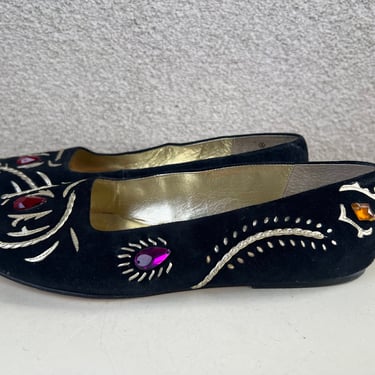 Vintage 80s glam flat shoes black suede leather gold rhinestones Sz 9M by Enzo Angiolini 