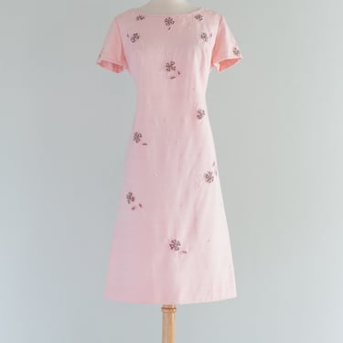 Elegant 1960's Pink Silk Beaded Shift Dress / ML