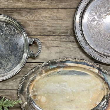 Large Round Heavy Silver Tray with Handles | Round Etched Silver Plate Vintage Serving Tray | Tarnished Silver | Silver Collector 