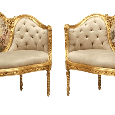 Settees, (2) Louis XVI Style Gilt Upholstered, Decorated, Charming, Vintage!!