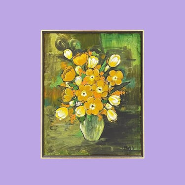 Vintage Floral Painting 1960s Retro Size 31x25 Mid Century Modern + Flowers in Vase + Acrylic + Stretched Canvas + Signed + MCM Wall Art 