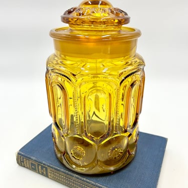 L E Smith Amber Gold Moon Stars Glass Canister, 9.5