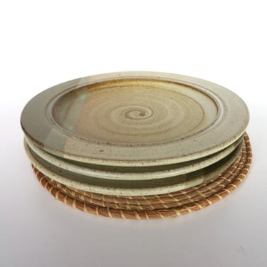 Set of 3 Studio Pottery Salad Plates, 9" Vintage Stoneware Side Plates 