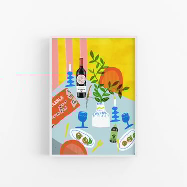 Scrabble Game Night Art Print – Bold Colorful Dining Table with Wine, Candles & Salad – Playful Dopamine Decor Wall Art 