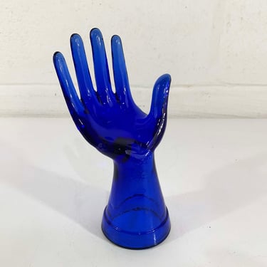 Vintage Blue Glass Hand Statue Jewelry Display Holder Photography Prop Cobalt Figurine Rings Vanity Dresser Storage 