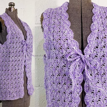 Vintage Purple Chunky Crochet Net Cardigan Helen Sue Sleeveless Sweater 70s 1970s Mod Knit Medium 