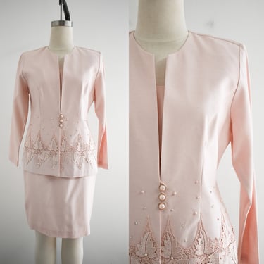 1990s Pink Faux Silk Beaded Skirt Suit 