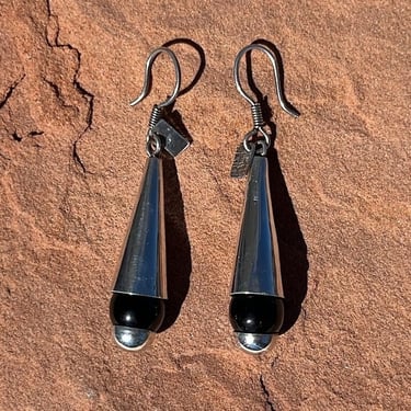 Vintage Mexican Sterling Silver and Black Onyx Hook Earrings 