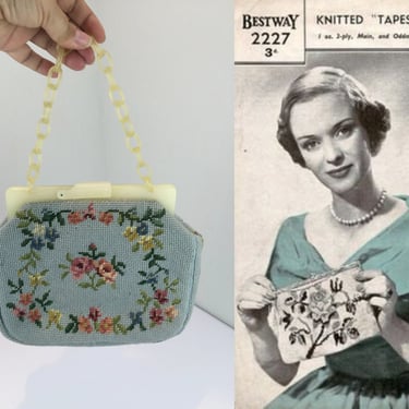 Dark & Stormy Looks - Vintage 1950s 1960s Dove Gray Grey Needlepoint Tapestry Floral Handbag Purse 