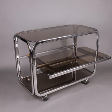 1970s Smoked Glass Side Table | Chrome Rolling Console | Vintage Mid-Century Modern Trolley | Vintage Glam Accent Table for Living Room 