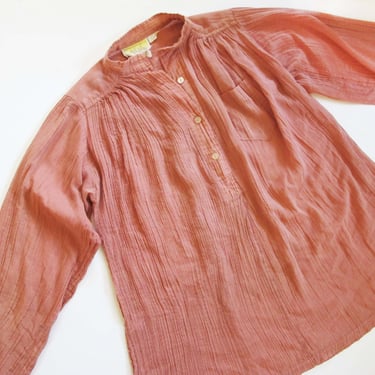 Vintage Indian Cotton Rose Pink Blouse S M - 1970s Boho Womens Gauze Cotton Long Sleeve Tunic Shirt - Joseph Magnin 