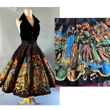 Killer Vintage 1950s Hand Painted Mexican Circle Skirt with traditional Mexican Serenading Music imagery. -- Size Small/Medium 