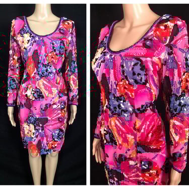 Vintage 1980's Fuchsia Silk Abstract Print Beaded Sequin Embellished Backless Wiggle Dress by Black Tie - size Small 