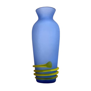 Vintage Mid Century Modern Hand Blown Cobalt Blue Vase with Applied Yellow Spiral Swirl 
