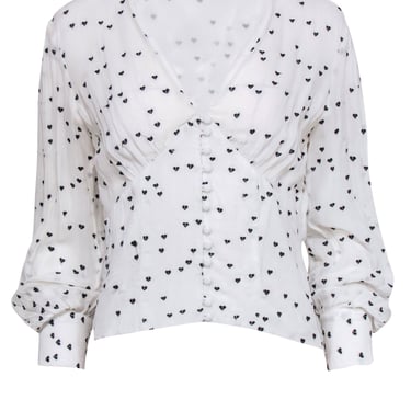All Saints - White Chiffon Blouse w/ Black Embroidered Hearts & Deep-V Button Front