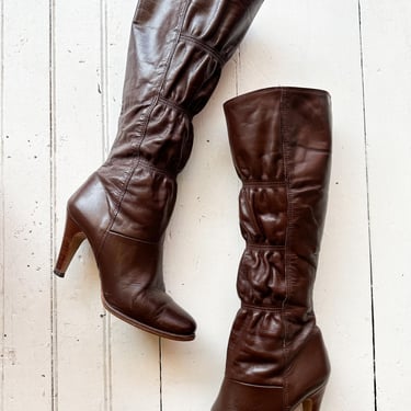 Early 1980s Chocolate Leather Ruched Knee-High Boots 