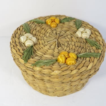 Vintage Sewing Basket with Straw Flowers -  Woven Blue Flower Sewing Basket 