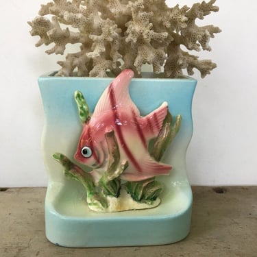 Vintage Fish Planter, Pink Angelfish Plant Holder, Ocean Beach, MCM Bathroom Decor, Air Planter, Pink, Aqua, Green, Japan 