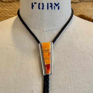 STEVE FRANCISCO Navajo Spiny Oyster Inlay Bolo Tie w/ Leather Cord | Sterling Silver Bolo | Native American Statement Jewelry, Southwestern 