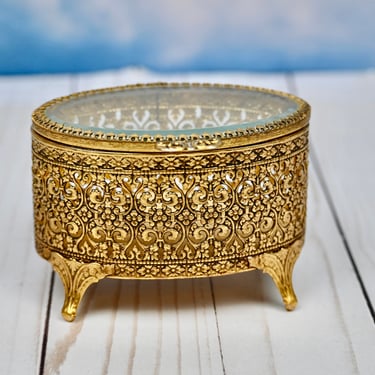 Rare French Ormolu Filigree Casket Jewelry or Trinket Box Beveled Glass Lid Gift for Her, Bride, Mothers Day, Proposal Presentation Box 