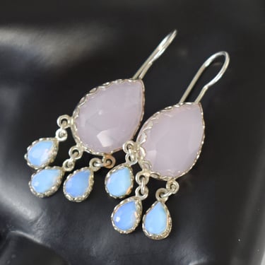 90's sterling pink crystal opalite Byzantine style statement earrings, ornate teardrop glass cabs 925 silver chandeliers 