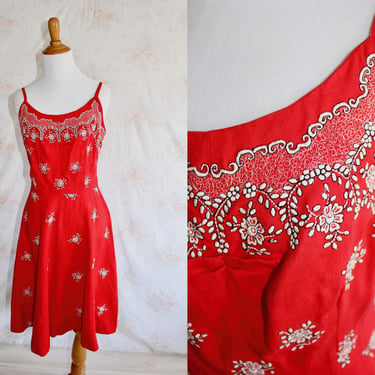 Vintage 50s Sundress, 1950s Summer Cotton Dress, Embroidered, Red Linen, Floral, Spaghetti Straps, Pin Up, Rockabilly, Moygashel 