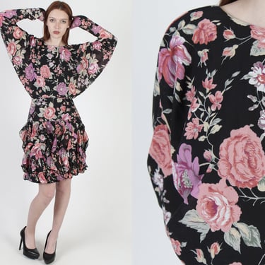 Black Floral Rose Print Dress / Romantic Pink Flower Dress / Vintage 80s Ruffle Wiggle Skirt / Revealing Open Back Mini Dress 
